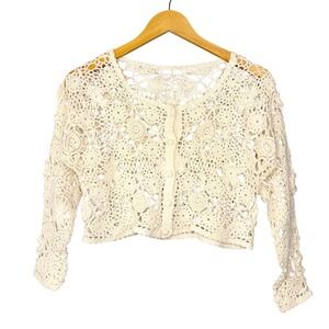 Crochet Cardigan Womens Small Medium Cream Floral Knit Cropped Boho Shrug